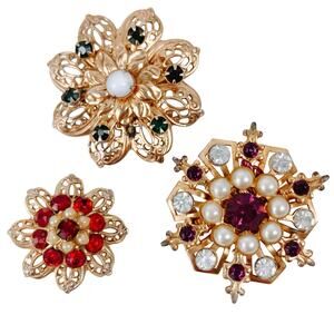 VTG Lot 3 Brooches Gold Tone Faux Pearl Rhinestone Mid Century Jewelry 60s 70s